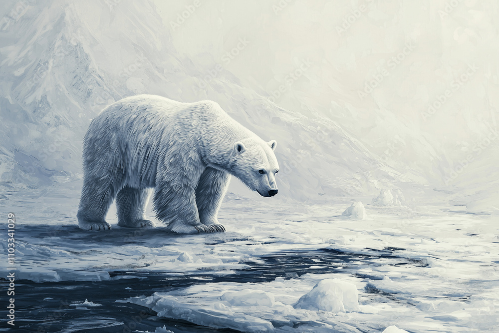 solitary polar bear navigates a rough icy terrain under a soft, diffused light in a frigid arctic environment solitary polar bear navigates a rough icy terrain under a soft, diffused light in a frigid arctic environment