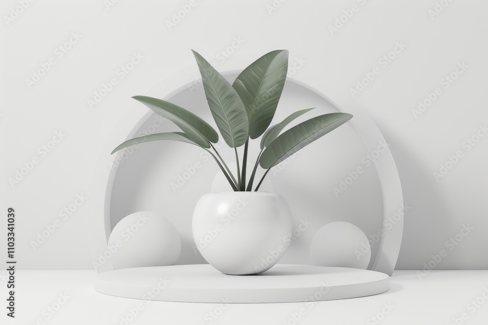 A minimalist display featuring a potted plant on a circular pedestal against a white backdrop. A minimalist display featuring a potted plant on a circular pedestal against a white backdrop.