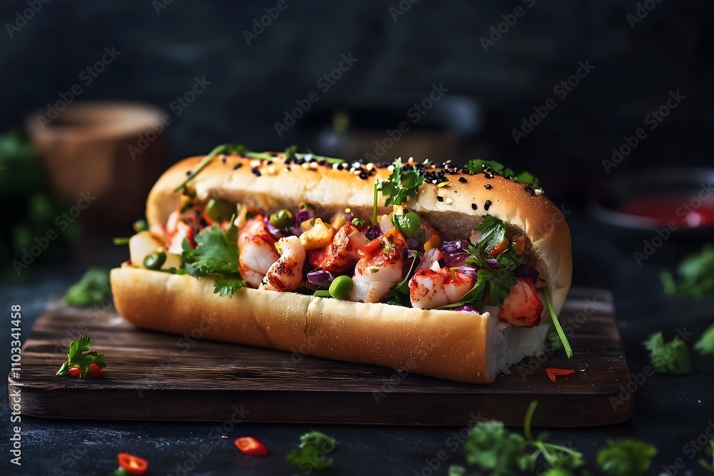 A lobster roll served on a wooden cutting board A lobster roll served on a wooden cutting board