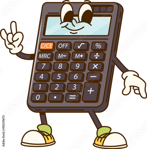 Groovy calculator school education and stationery character. Isolated cartoon vector fun office supplies personage with smiling happily, ready for math lesson and calculation tasks with retro vibes