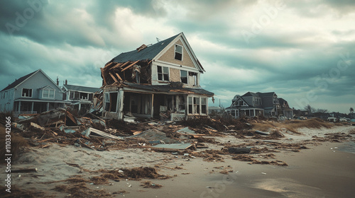 House is destroyed and the beach is flooded. Scene is sad and somber