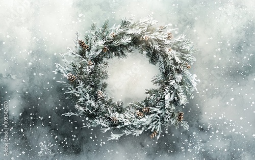 Enchanting watercolor of Christmas wreath with delicate snow details, blended green and white tones, ethereal lighting photo