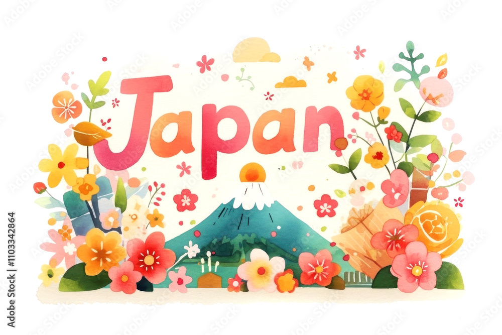 Obraz premium A vibrant watercolor depiction of Japan, featuring Mount Fuji surrounded by colorful flowers