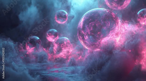 Vibrant Floating Spheres in a Mystical Cloudy Environment