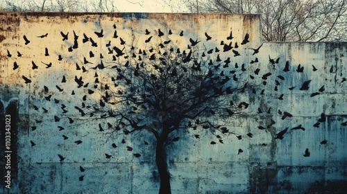 Here's a 10-word description of the image: Wall mural: birds