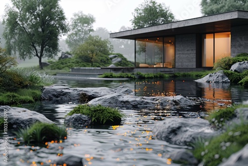 an outdoor living space with a swimming pool