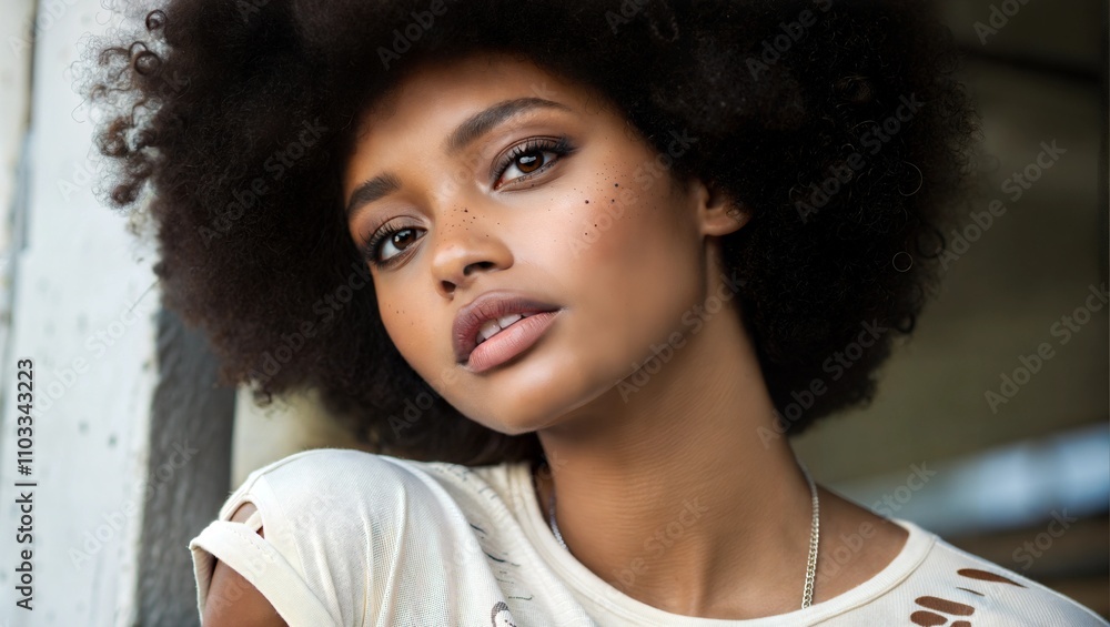 Exotic hairstyle - afro Female Supermodel Portrait Day time Natural light Exotic hairstyle - afro Female Supermodel Portrait Day time Natural light