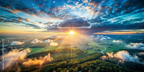 Aerial View of Ethereal Cloud Database Technology with Cloud Symbol Representing Safe Backup Transfer and Cloud-Based Storage Solutions in a Dreamy Sky Setting photo