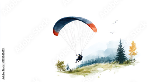 Green watercolor painting of a woman paragliding enjoying flying on the sky