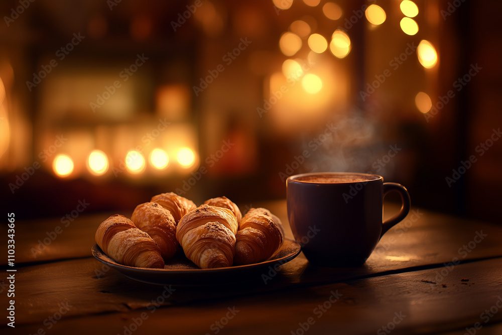 A plate of golden croissants next to a steaming cup of hot chocolate, with copy space. A plate of golden croissants next to a steaming cup of hot chocolate, with copy space.