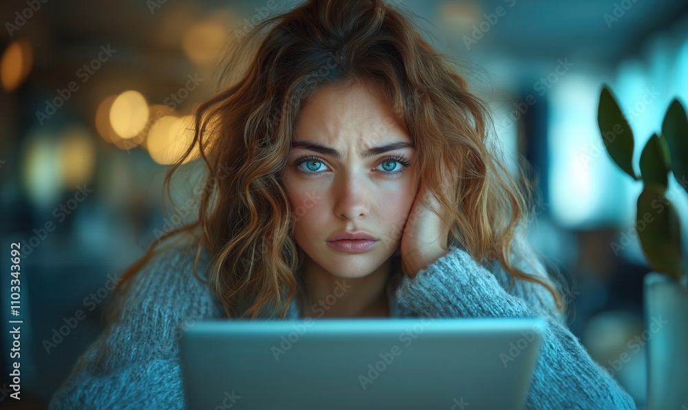 Young woman musing from behind working on tablet. Young woman musing from behind working on tablet.