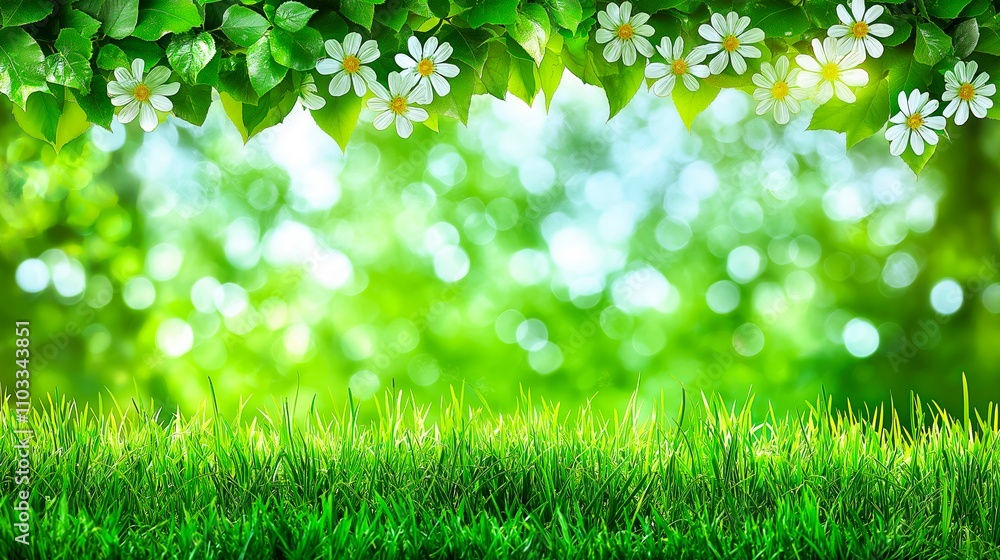 Bright green landscape with flowers and sunlight in spring season, springtime banner for advertising Bright green landscape with flowers and sunlight in spring season, springtime banner for advertising