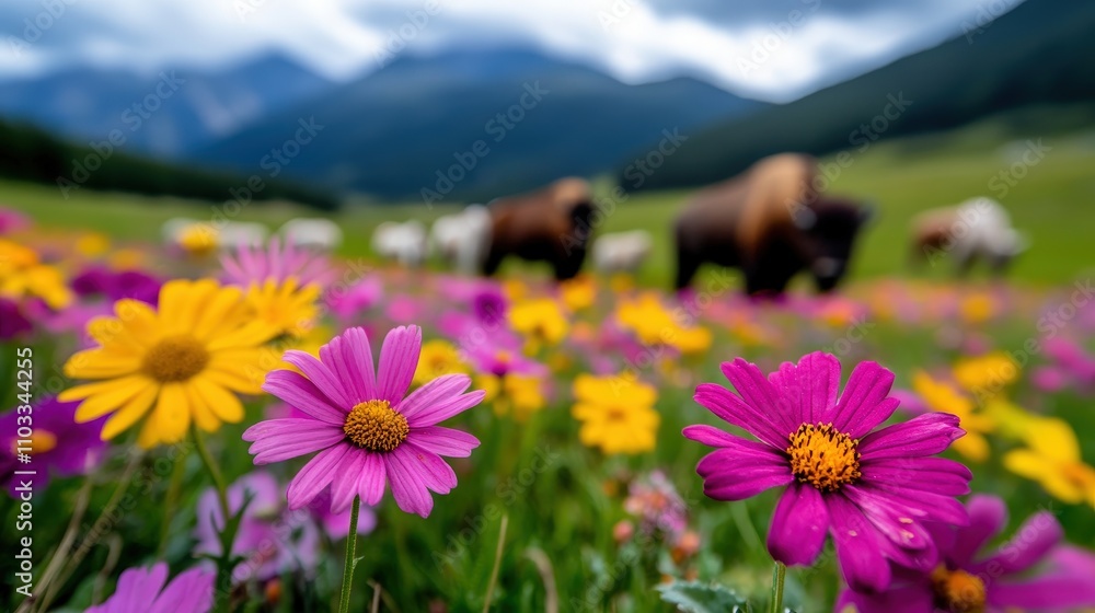 Obraz premium A picturesque scene featuring colorful wildflowers in the foreground, complemented by grazing cattle amidst lush green hills and a dramatic mountain backdrop.