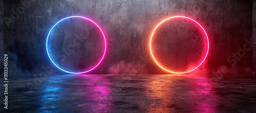 Solar eclipse photos capture the moon blocking the sun against a dark sky. Vibrant purple neon rings with glowing effects represent this cosmic event. Luminous circular patterns. photo