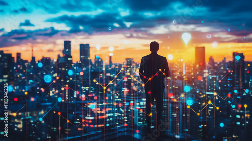 Abstract business man stands on the peak of success amid tall, innovative Smart city and graphs with statistics to analyze business potential and predict future developments in company growth.