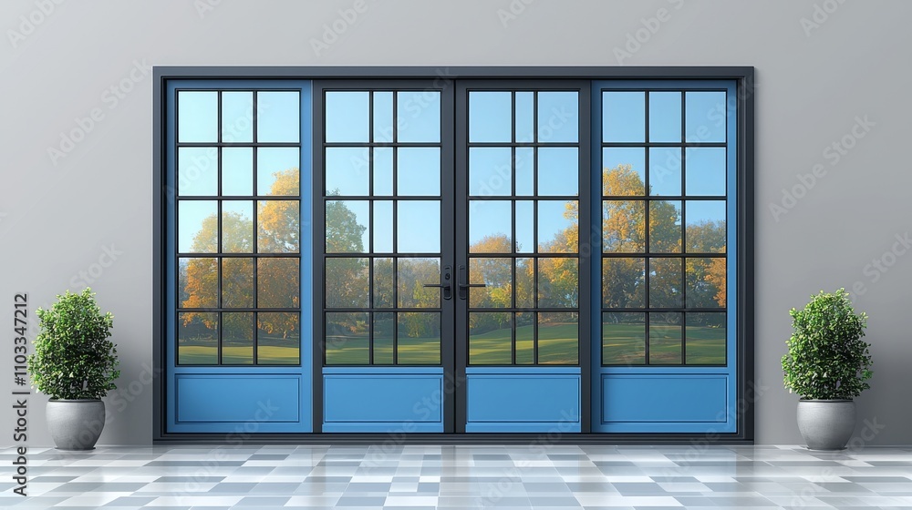 A modern, lifelike mockup of glass doors, both open and closed, set against a transparent background. Ideal for a store, mall, or office entrance. A modern, lifelike mockup of glass doors, both open and closed, set against a transparent background. Ideal for a store, mall, or office entrance.