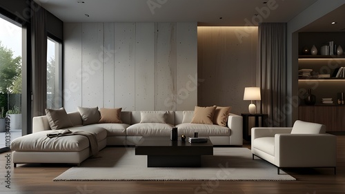 Wallpaper Mural Modern wooden coffee table and cozy sofa with pillows. Living room interior and home decor concept. Torontodigital.ca