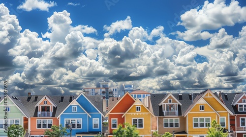 A row of colorful houses with balconies against a blue sky with fluffy white clouds.