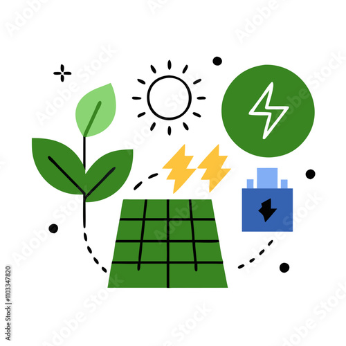 Renewable energy icon design featuring solar panels, leaves, and battery elements