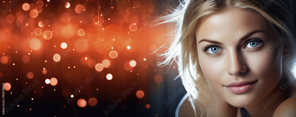 Model with striking blue eyes poses gracefully against a backdrop of shimmering golden lights Model with striking blue eyes poses gracefully against a backdrop of shimmering golden lights