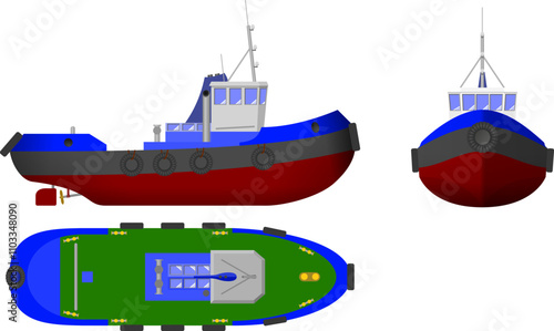 Conventional Tug with Single Screw Propeller. Side, top and front profile of a conventional harbor tug. Isolated vector illustration.