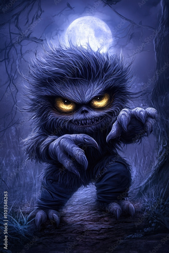A menacing creature with glowing yellow eyes, sharp claws, and spiky fur prowls through a dark, eerie forest under the light of a full moon, creating a chilling atmosphere - AI Generated Digital Art A menacing creature with glowing yellow eyes, sharp claws, and spiky fur prowls through a dark, eerie forest under the light of a full moon, creating a chilling atmosphere - AI Generated Digital Art