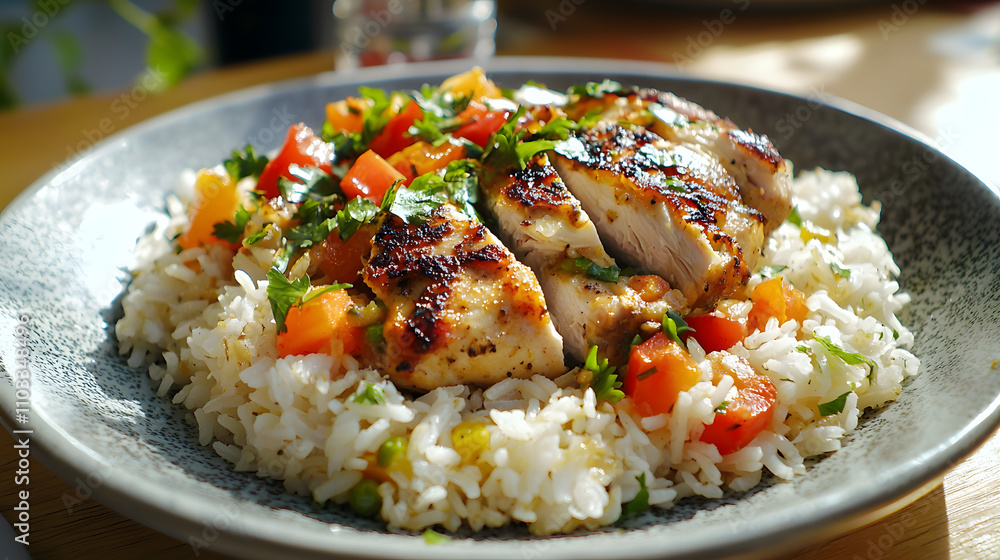 Grilled Chicken Breast with Rice and Vegetable Medley. Grilled Chicken Breast with Rice and Vegetable Medley.