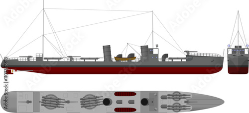 Motor Torpedo Boat. Side, top and front profile of a WW2 era motor torpedo boat. Isolated vector illustration.