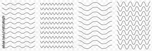 Wave line and wavy zigzag lines. Black curved lines pattern in abstract style. Horizontal geometric decoration element. Vector illustration. eps 10.