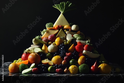 Alimentos. Piramide de alimentation con equilibrio de equipoise y vitaminas