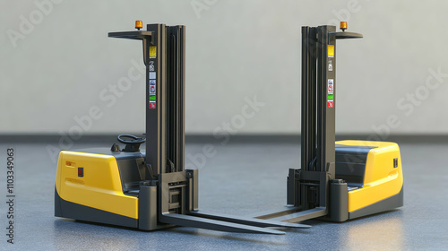 Industrial Yellow and Black Stacker Trucks, Warehouse Efficiency, Modern Design, and Reliable Lifting Equipment