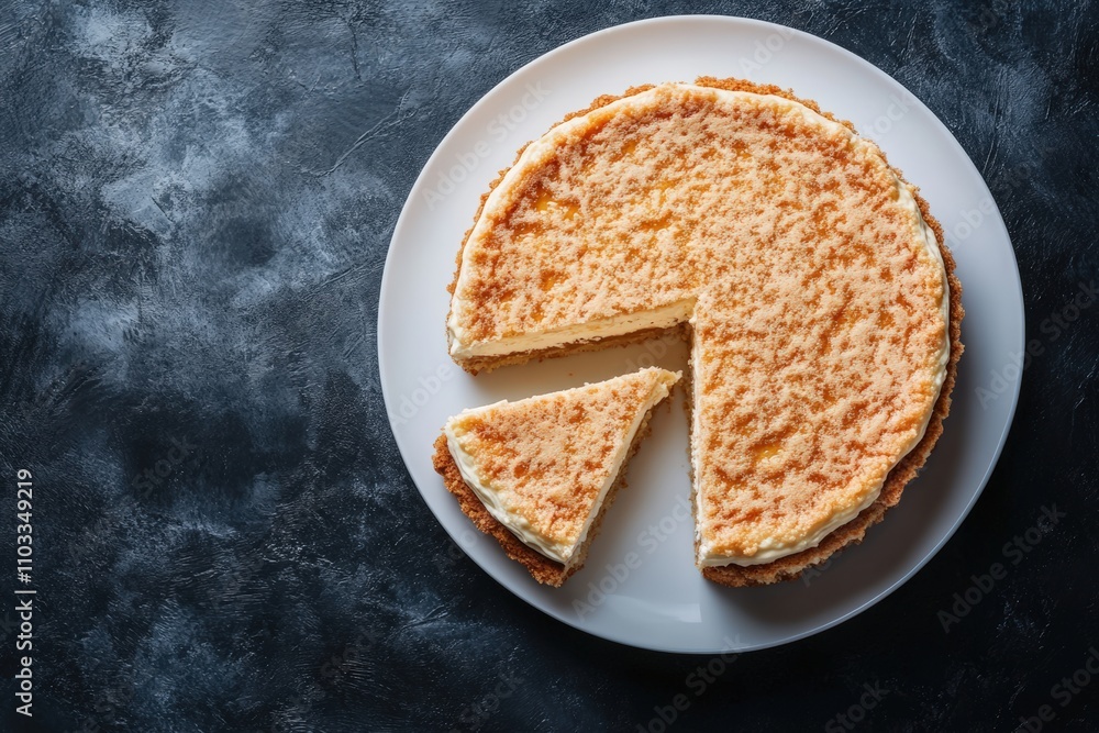 Russian honey cake on a black background, top view with a slice cut out and placed next to it on a white plate. The cake is covered in golden coconut flakes sprinkled over the cream cheese glaze. Russian honey cake on a black background, top view with a slice cut out and placed next to it on a white plate. The cake is covered in golden coconut flakes sprinkled over the cream cheese glaze.