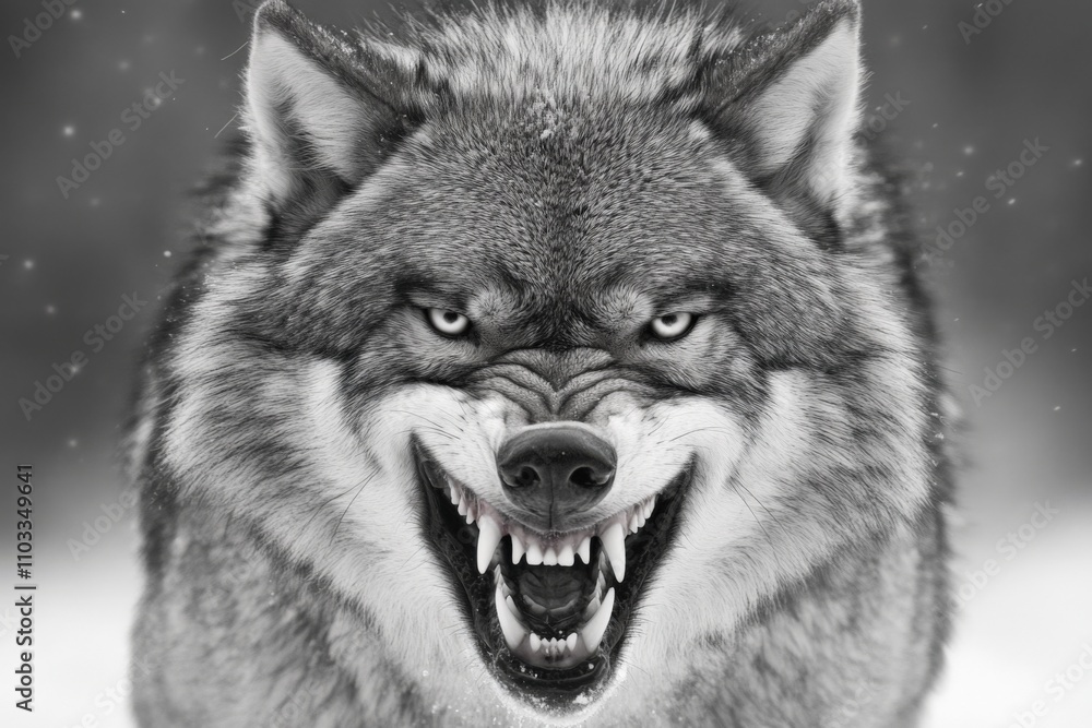 Fototapeta premium Angry Wolf. Greyscale Closeup of Wild Predator with Blurred Background