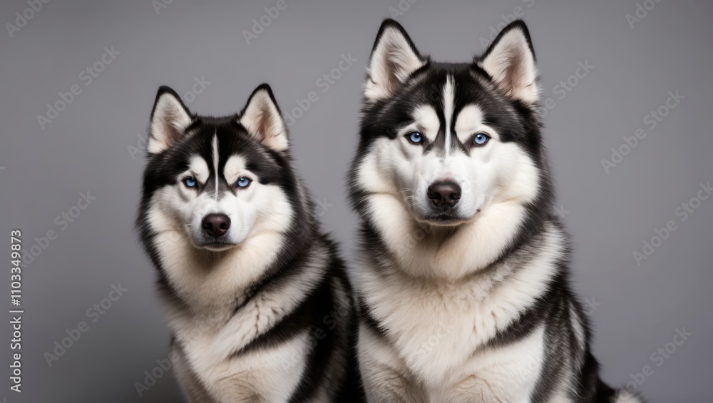 Majestic Husky Dogs with Intense Gaze in Solid Grey Background Majestic Husky Dogs with Intense Gaze in Solid Grey Background