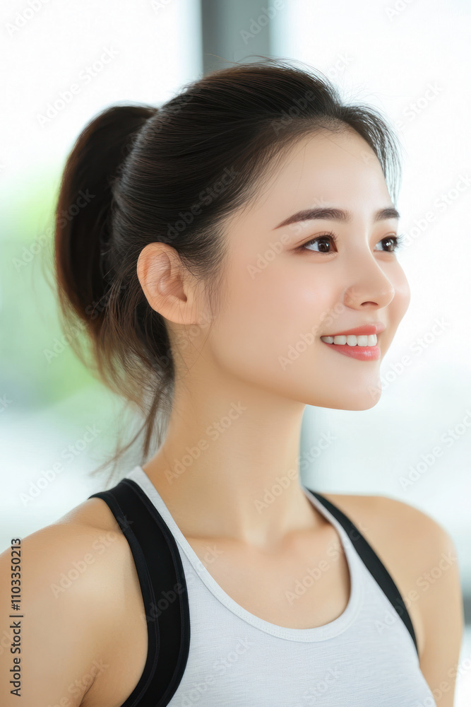 Chinese fitness woman smiling in sportswear, female athlete workout