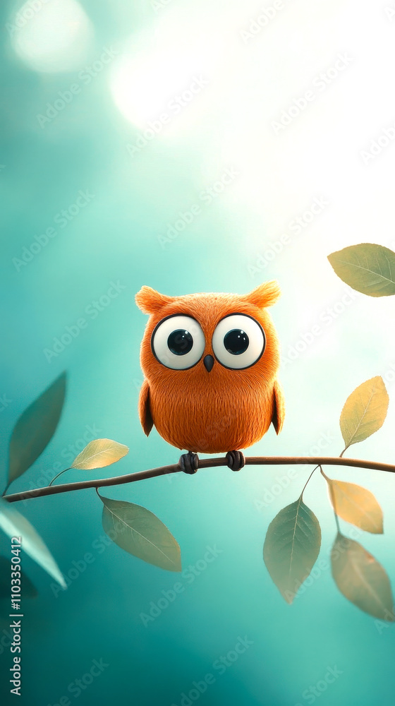 Obraz premium A cute, fuzzy orange owl perched on a branch, surrounded by soft green leaves and a blurred background, evoking a whimsical and serene atmosphere.
