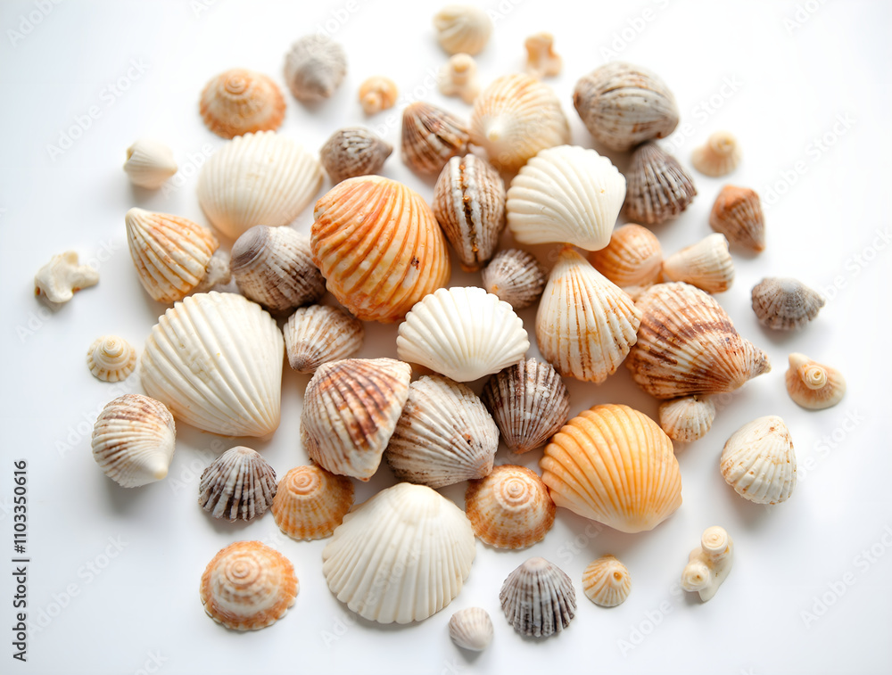 Variety of natural seashells arranged on a clean white background Variety of natural seashells arranged on a clean white background
