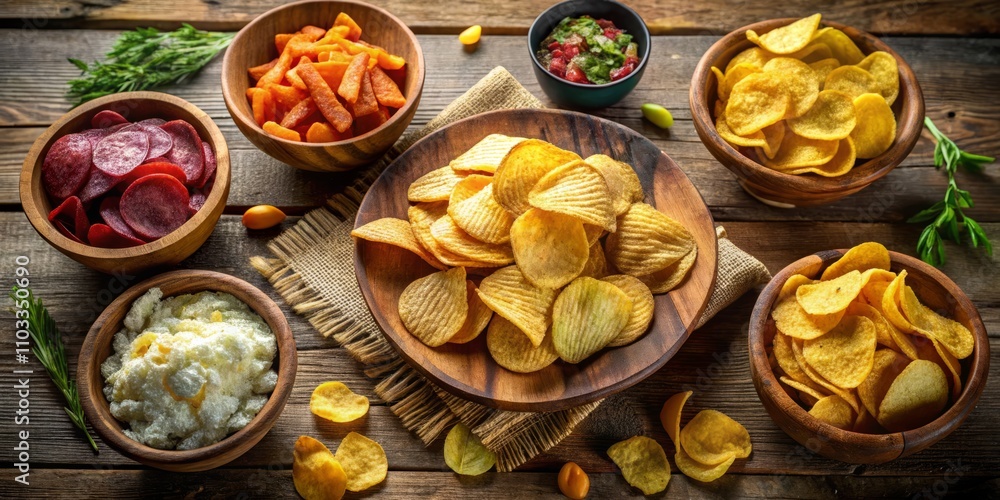 A Close-Up Documentary Capture of a Variety of Potato Chips in Different Flavors and Textures, Highlighting Their Crunchiness and Packaging in a Rustic Kitchen Setting A Close-Up Documentary Capture of a Variety of Potato Chips in Different Flavors and Textures, Highlighting Their Crunchiness and Packaging in a Rustic Kitchen Setting