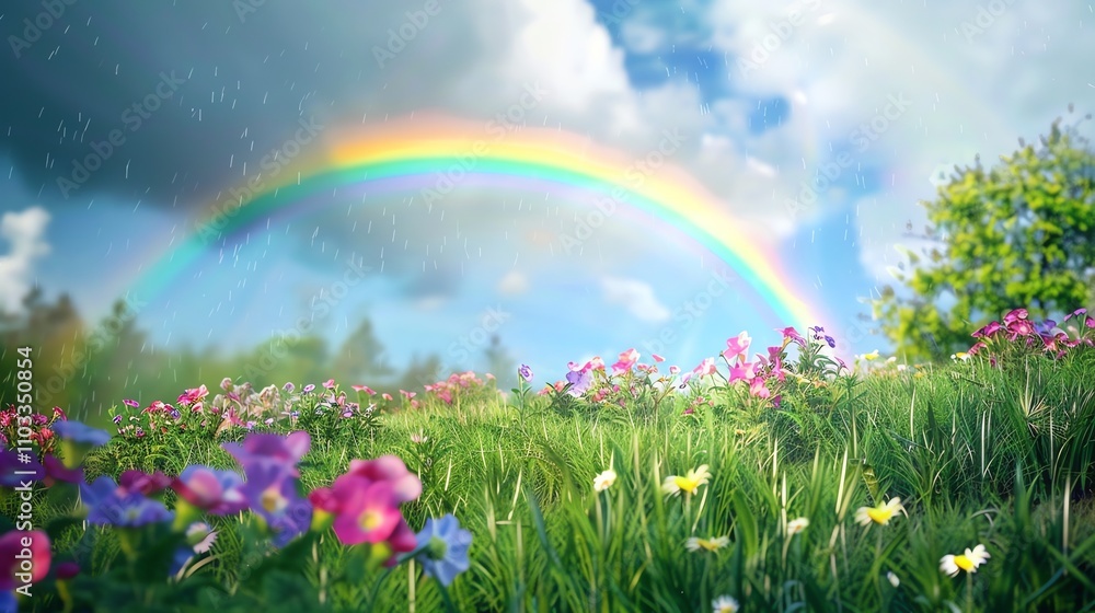 Naklejka premium A colorful field of flowers with a rainbow in the sky.