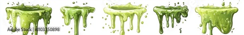 An animated depiction of a cartoon green slime, showcasing drips of mucus, slimy masses, and bright toxic marks. photo