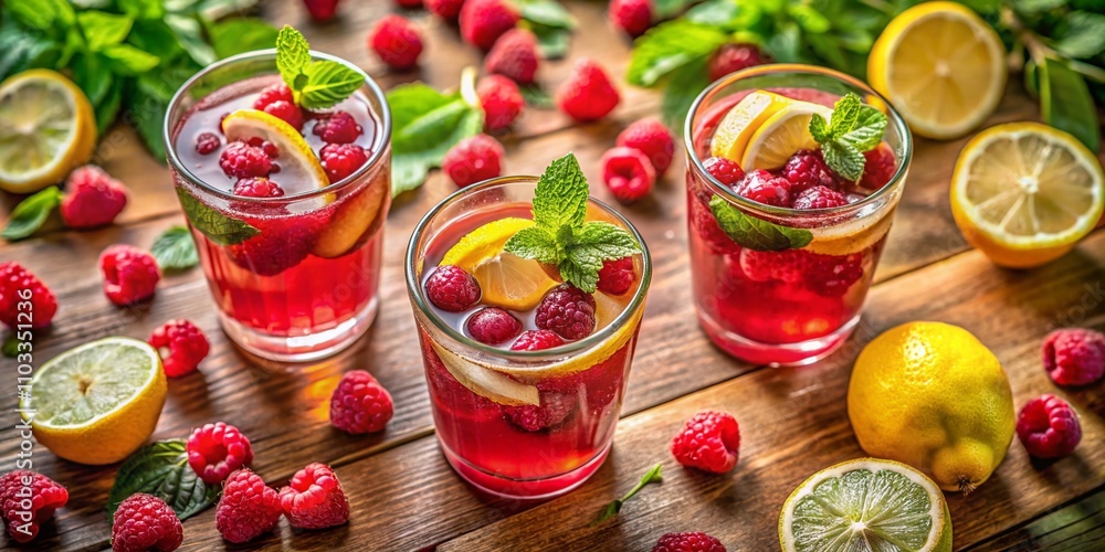 Aerial View of Refreshing Glasses of Raspberry Lemonade Surrounded by Lush Greenery and Bright Summer Fruits, Perfect for a Cool Drink on a Warm Day Aerial View of Refreshing Glasses of Raspberry Lemonade Surrounded by Lush Greenery and Bright Summer Fruits, Perfect for a Cool Drink on a Warm Day