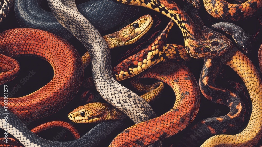 Fototapeta premium A Tapestry of Snakes: Intricate Patterns and Textures of Diverse Serpents