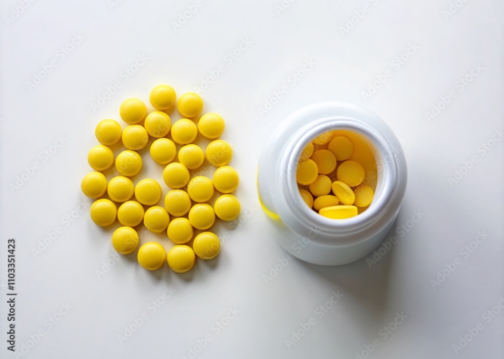 Aerial View of Round Yellow Vitamins and Antiviral Drug Tablets with a Pill Bottle on a White Background, Showcasing a Minimalistic and Healthy Lifestyle Concept Aerial View of Round Yellow Vitamins and Antiviral Drug Tablets with a Pill Bottle on a White Background, Showcasing a Minimalistic and Healthy Lifestyle Concept
