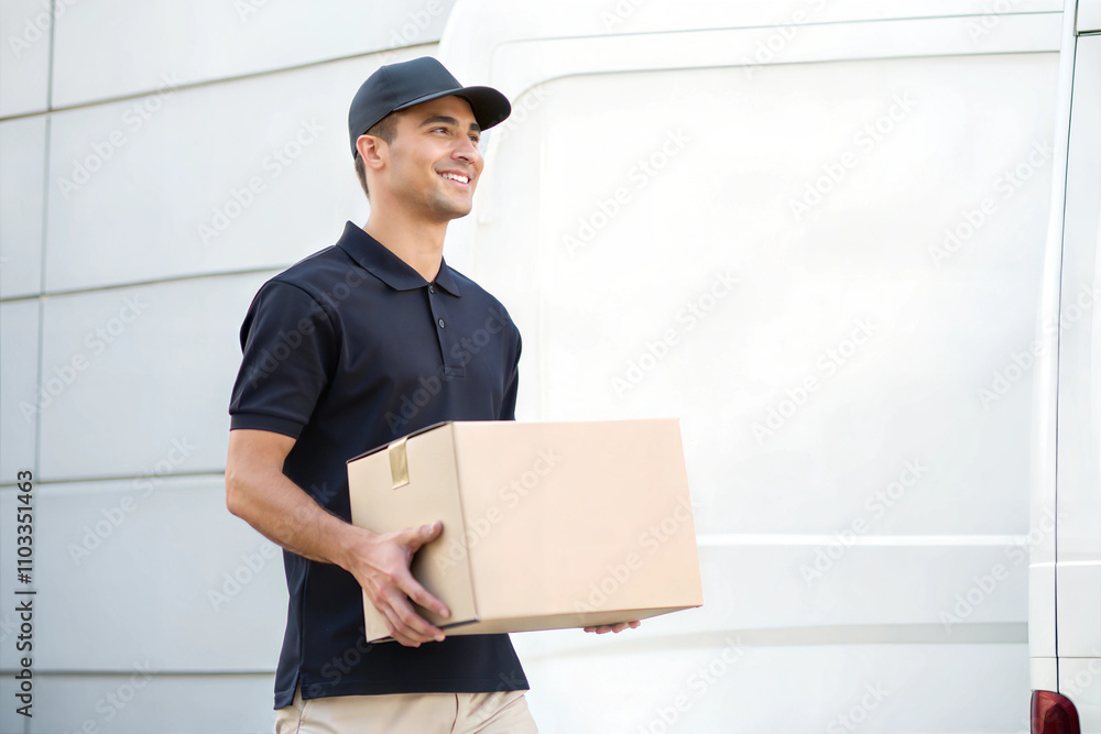 Portrait of a courier delivery boy with holding cardboard box in hand Portrait of a courier delivery boy with holding cardboard box in hand