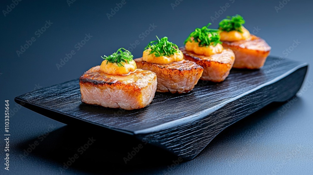 a photostock of a geometric platter with bite-sized hors d'oeuvres on a matte black table, gourmet styling 2025 a photostock of a geometric platter with bite-sized hors d'oeuvres on a matte black table, gourmet styling 2025