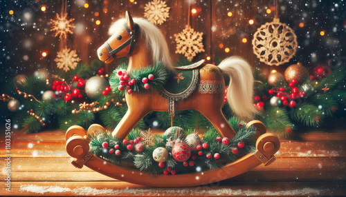 A wooden rocking horse with a wreath on its head and a red