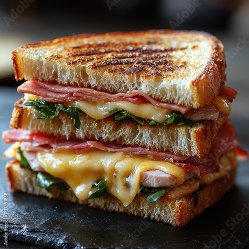 Appetizing Croque Monsieur Sandwich with Melted Cheese, Crispy Bread, Ham, and Golden Bubbly Perfection - French Cuisine Delight