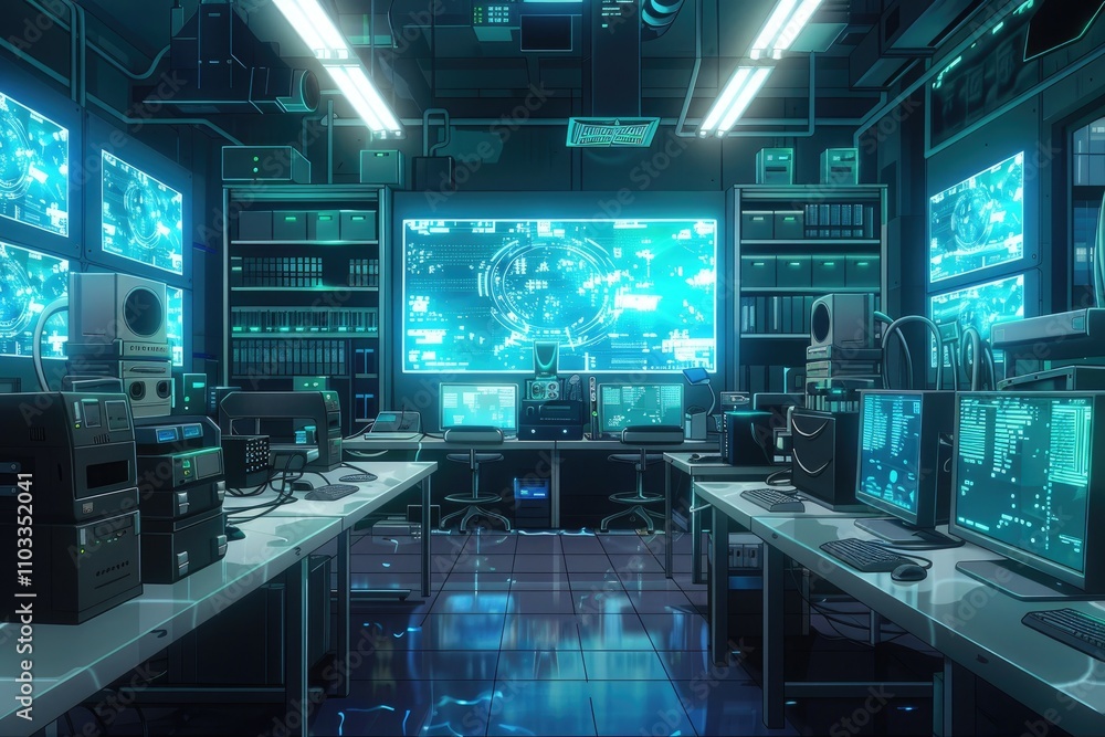 A high-tech control room filled with monitors and equipment for data analysis and monitoring. A high-tech control room filled with monitors and equipment for data analysis and monitoring.
