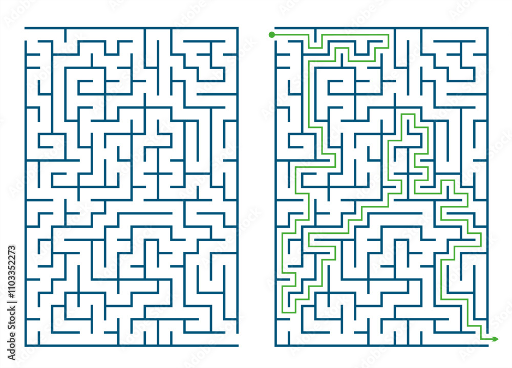 Flat Design Rectangular Maze with Solution Flat Design Rectangular Maze with Solution