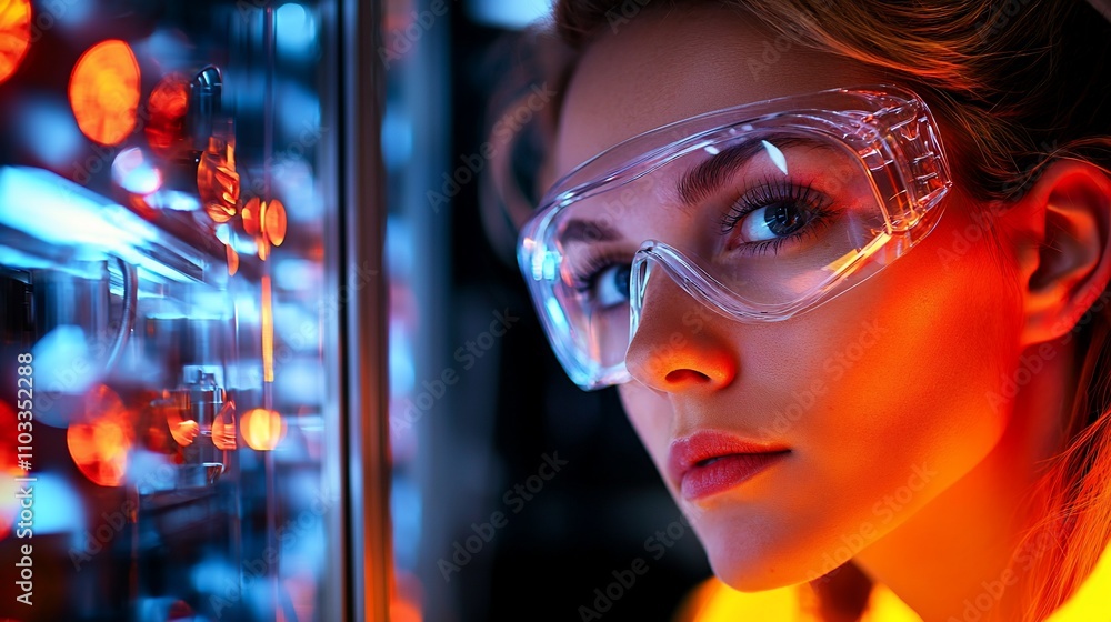 Obraz premium Woman scientist in safety glasses examining server room lights.